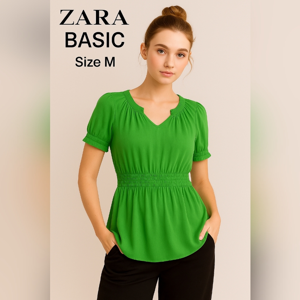 Zara Basic Women’s Green Short Sleeve Blouse Viscose Polyester Size M